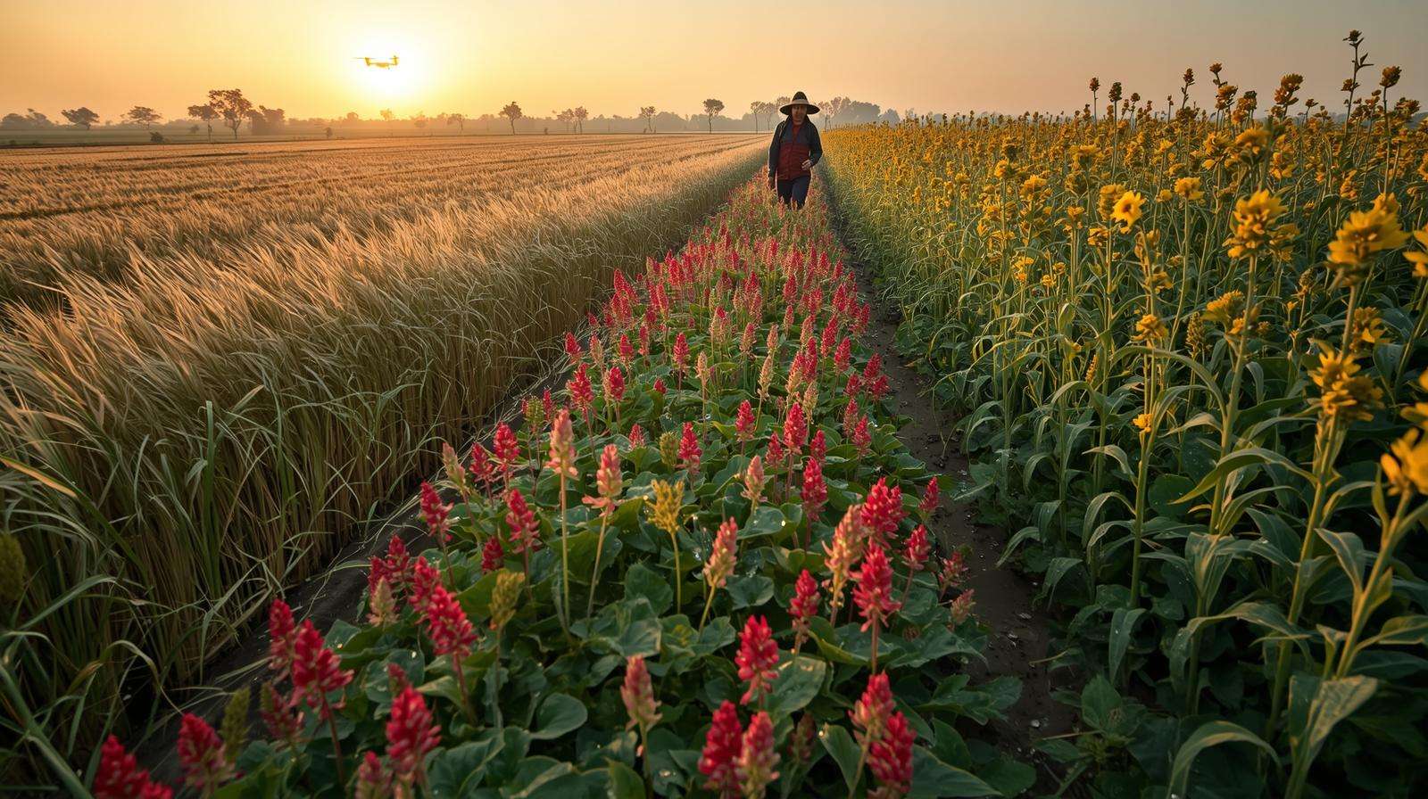 Farmer inspecting cereal rye, clover-rye mix, and sunn hemp in spring field, showcasing top cover crops for mulch and mow in 2025