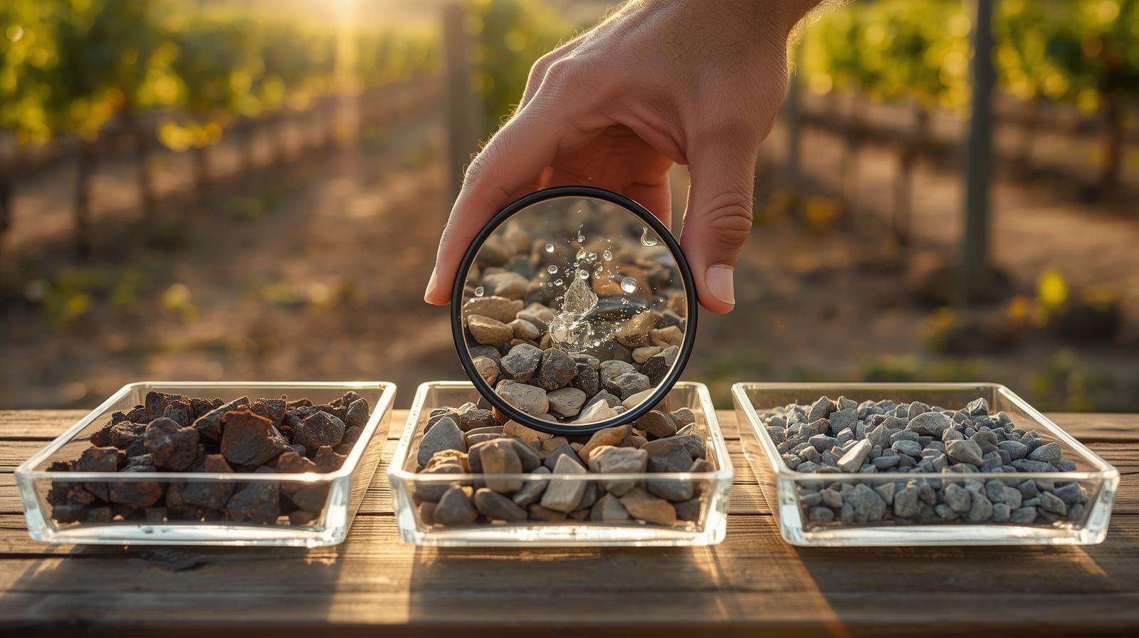 Farmer examining lava rock, river rock, and crushed granite samples with magnifying glass, showcasing top stone mulch types for water-smart farming.