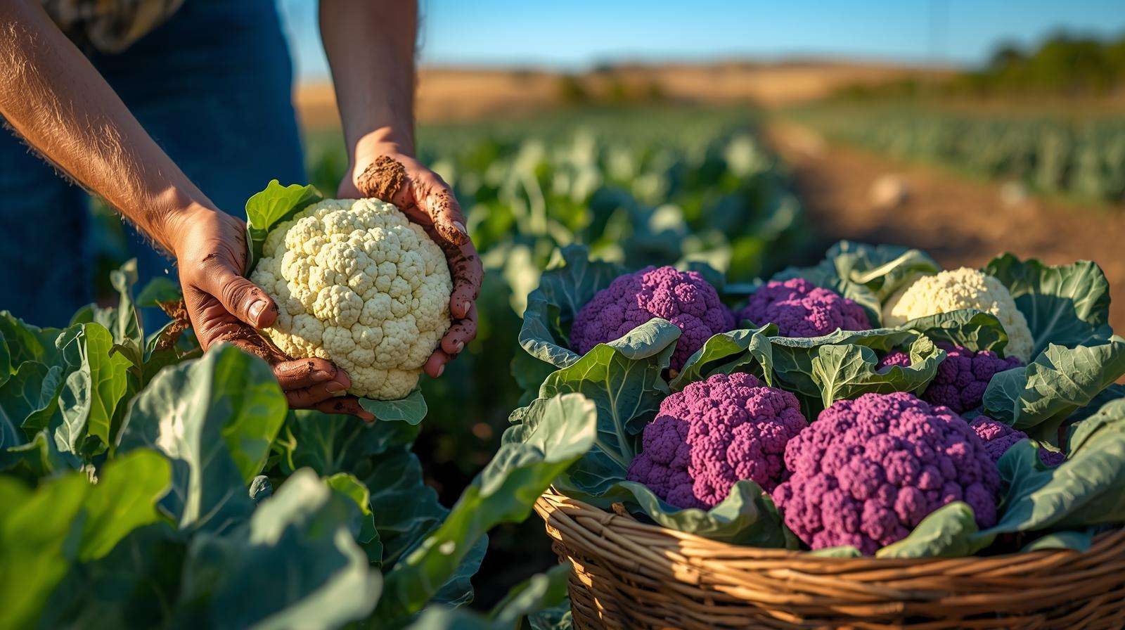 Farmer harvesting colorful cauliflower in a sunlit garden, showcasing vibrant flower vegetables like white, purple, and Romanesco varieties.