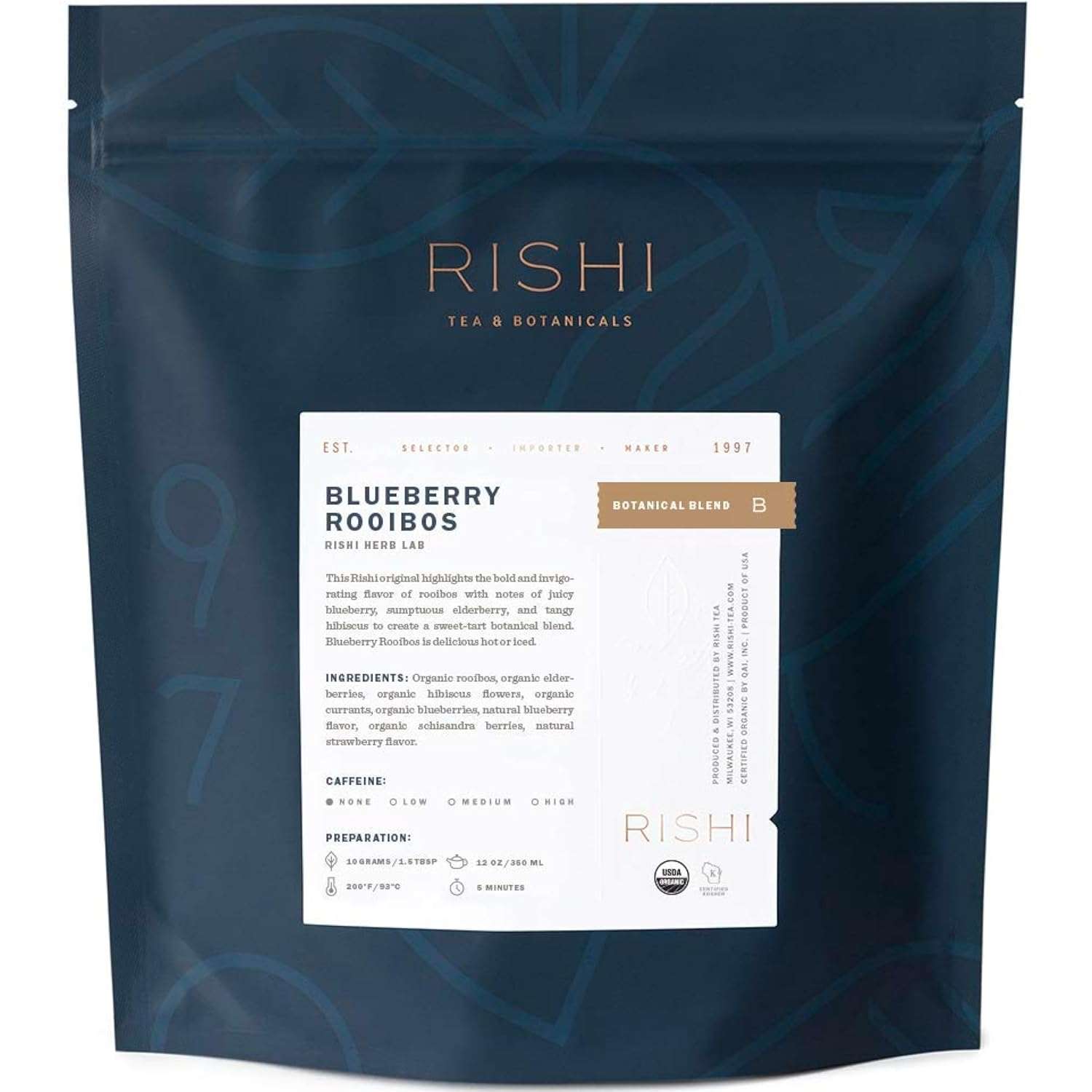Rishi Tea Blueberry Rooibos Herbal Tea - Organic, Caffeine Free Loose Leaf Tea, Sweet & Tangy with Antioxidants, Ideal for Hot or Iced Tea - 16 Ounces, 45+ Servings