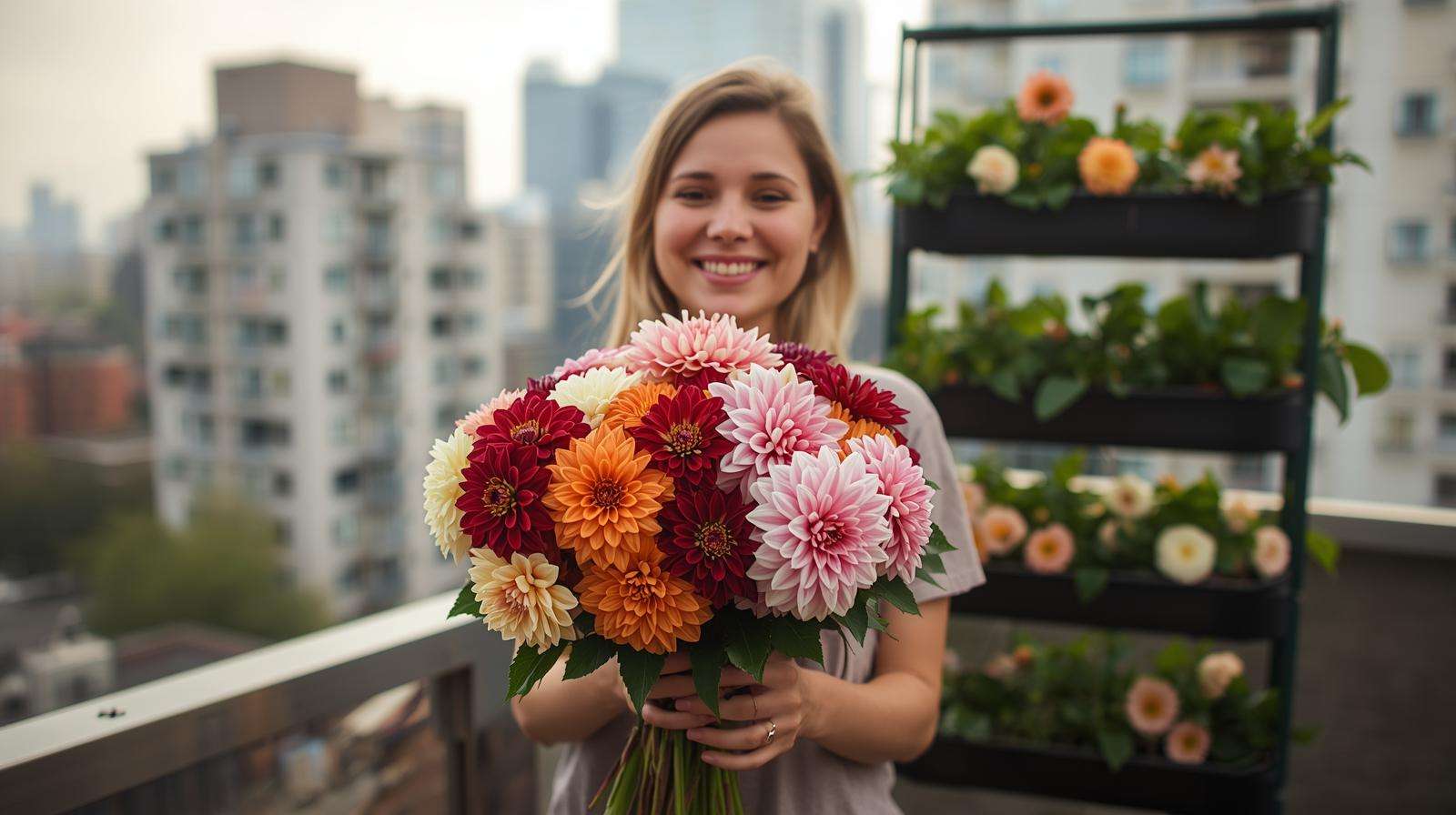 Urban gardener harvesting 18 dahlia blooms from 6-tier vertical pot tower on balcony.