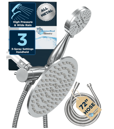 HammerHead Showers Dual Shower Head Combo, 8-Inch Rainfall & 3-Flow Handheld, Chrome, 2.5 GPM