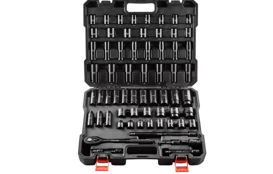 VEVOR 1/2" Drive Impact Socket Set, 65 Piece Socket Set SAE 3/8" to 1-1/4" and Metric 10-24mm, 6 Point Cr-V Alloy Steel for Auto Repair, Rugged Construction, Easy-to-Read Size Markings, Storage Case
