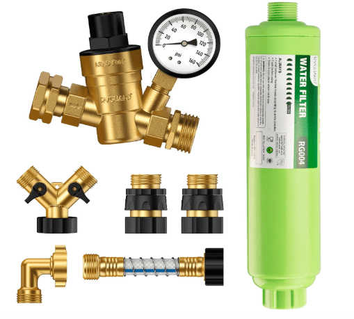 RVGUARD RV Water Pressure Regulator Kit, Inline Water Filter, Hose Splitter, Flexible Connector, Hose Quick Connect, Complete Kit for Fresh Water Hook Up
