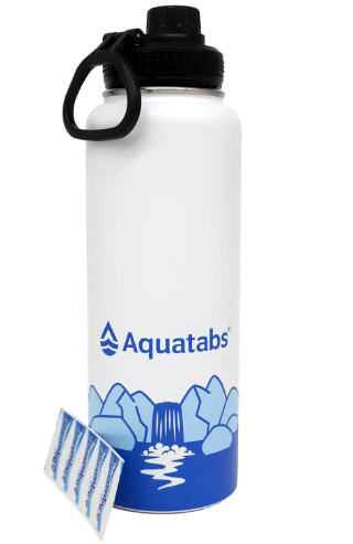 Aquatabs Insulated Stainless Steel Water Purifier Water Bottle with 100 Water Purification Tablets, BPA Free Water Purification Bottle Alternative to Filtered Water Bottle.