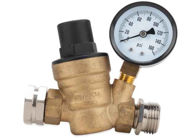 Camco Adjustable RV/Marine Brass Water Pressure Regulator | Help Stop Damage to RV/Marine Appliances, Plumbing Fixtures, and Hoses | Features Standard Garden Hose Threads for Simple Hookup | (40058)
