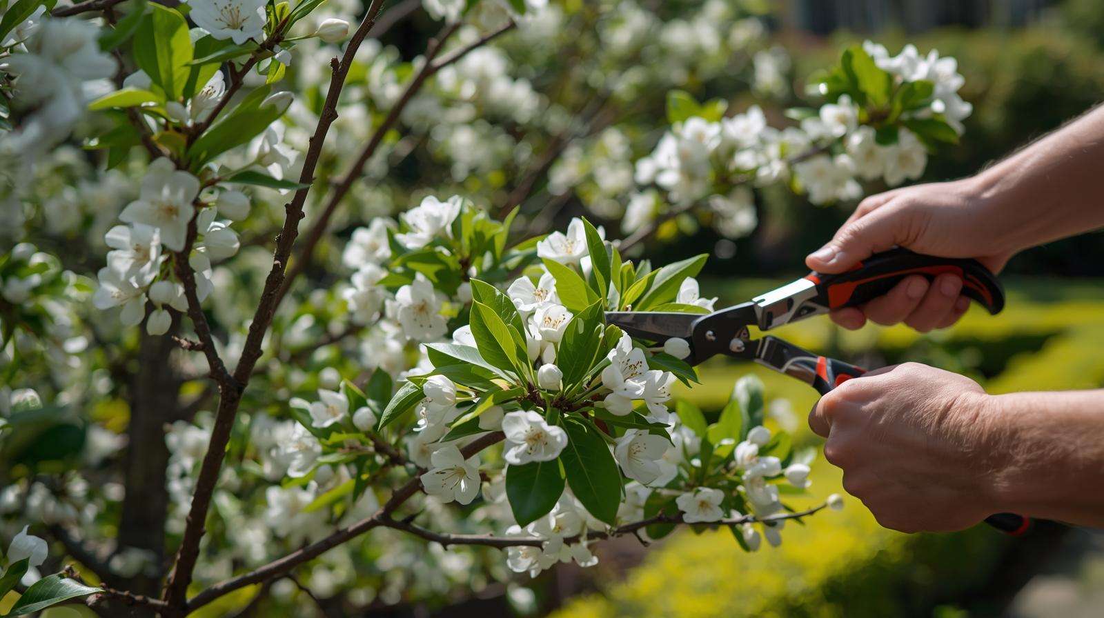 Gardener pruning Japanese snowbell white flowering trees in a well-maintained garden.