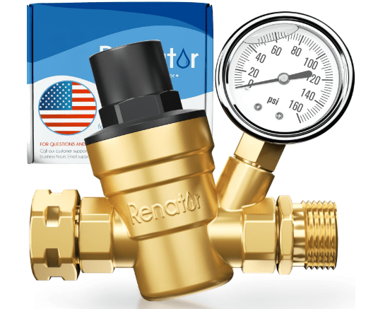 RV Water Pressure Regulator for RV Camper. Brass Lead-free Adjustable Water Pressure Regulator with Gauge for Camper Travel Trailer, Reducer Valve W Filter. M11-0660R.