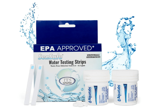 Drinking Water Essentials Kit - 200 Aquatabs Water Purification Tablets + 50 Chlorine Test Strips - for Boat and RV Tanks - by Aquamarine Water Solutions