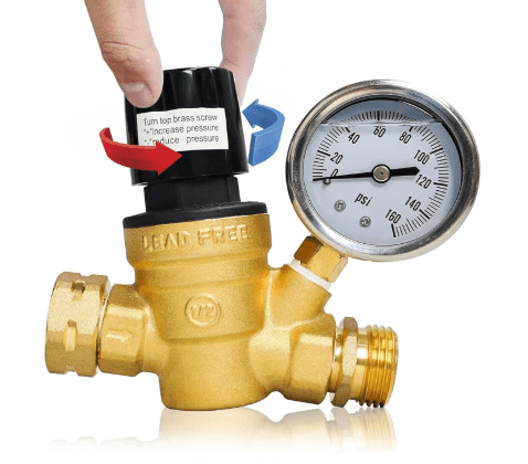Hourleey RV Water Pressure Regulator, Adjustable Handle Brass Water Pressure Regulator, Water Pressure Reducer with Gauge and Inlet Screened Filter for RV Camper Travel Trailer
