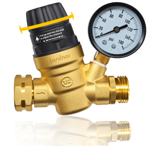 RV Water Pressure Regulator Valve With An Adjustable Knob, NO Tool Required, Brass Lead-Free Water Pressure Reducer with Gauge and Inlet Screen Filter for RV Camper Travel Trailer