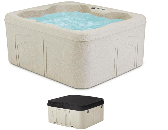 LifeSmart 4-Person Hot Tub, Outdoor Spa with Cover and LED Lights, Square, Beige - Above-Ground Spa Machine with Accessories for Home and Personal Relaxation