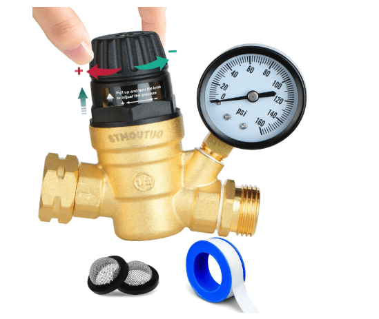 RV Water Pressure Regulator for RV Camper. Brass Lead-Free Adjustable Camper Water Pressure Regulator with 0-160 PSI Gauge ，Reducer Valve W Filter，Package includes 1 raw tape for water pipes.