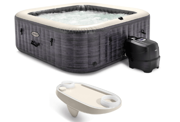 Intex PureSpa Plus Greystone Inflatable Square Outdoor Hot Tub Spa, 94 x 28, and Tablet Mobile Phone Spa Tray Accessory with LED Light Strip, White