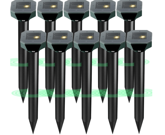 Snake & Mole & Rabbit & Skunk Repellent Solar Powered, 2025 Upgraded Ultrasonic Deterrent, IP65 Waterproof, Gopher Groundhog Chipmunk Raccoon and Vole Repellent & Deterrent for Lawn & Garden, 10 Pack