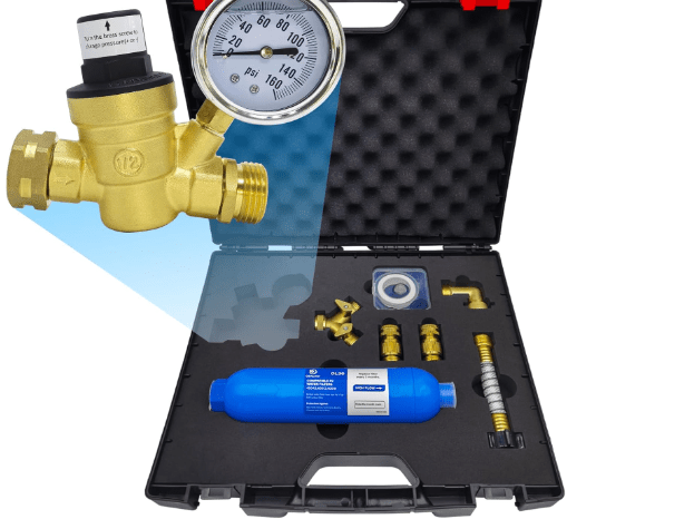 RV Water Pressure Regulator Kit, with Inline Water Filter, Lead-Free Brass Accessories, Leak Repair Kit, and All-in-One Suitcase, Complete Drinking Water Kit for RVs and Campers.
