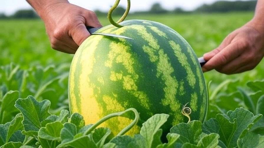 Ripe organic watermelon harvest with yellow underside and dried tendril in a lush green field