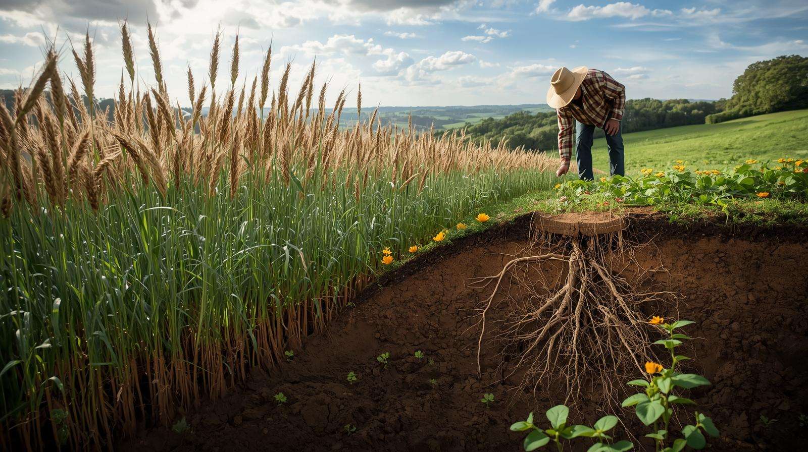 A farmer inspects a brown top millet field with visible roots, preventing erosion on a sloped farm with clover in the background.