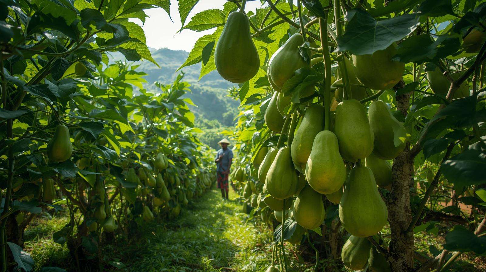 Farmer inspecting ripe chayote on sprawling vines in a tropical garden, highlighting Haitian vegetables in a lush Caribbean vegetable gardening setting.