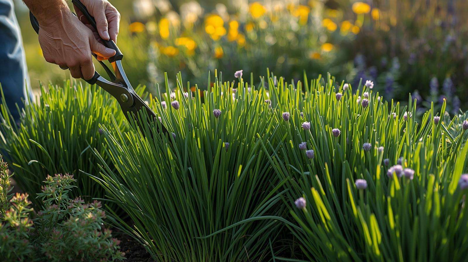 Gardener snipping lush chives in a spring garden, highlighting cream cheese vegetables for flavorful homemade vegetable spreads.
