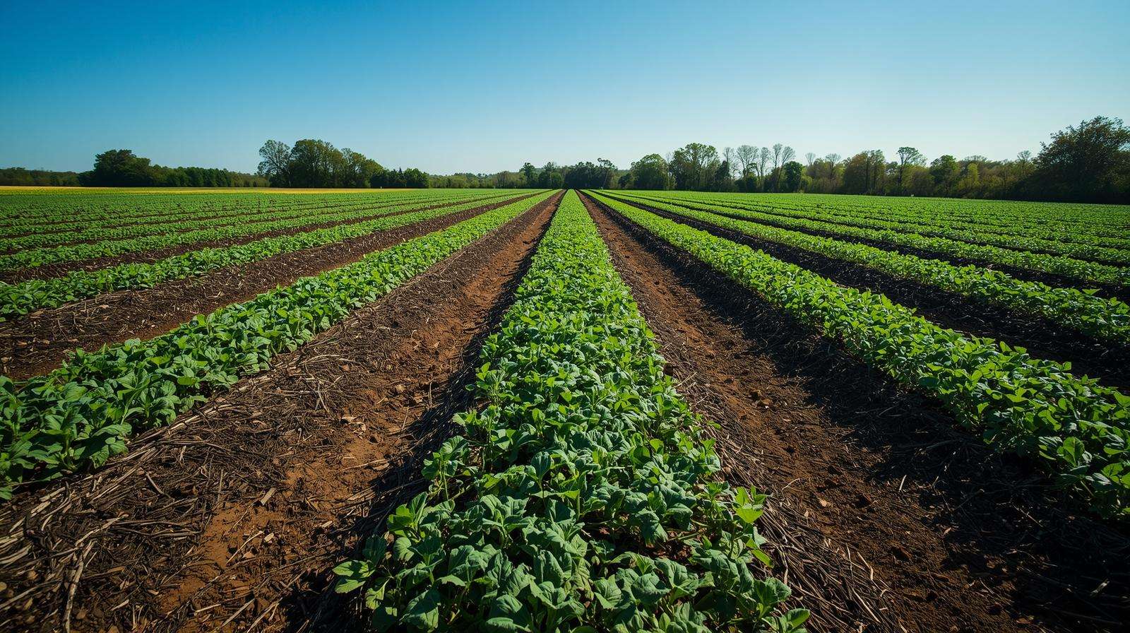 Organic farm field with wood chip mulch supporting healthy crop growth.