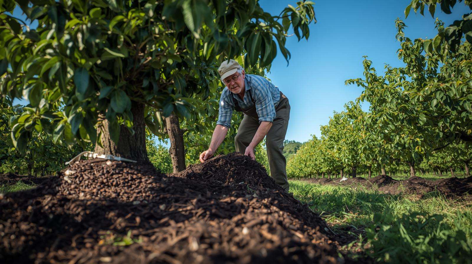 Farmer applying cocoa bean mulch around fruit trees in an organic farming setting.
