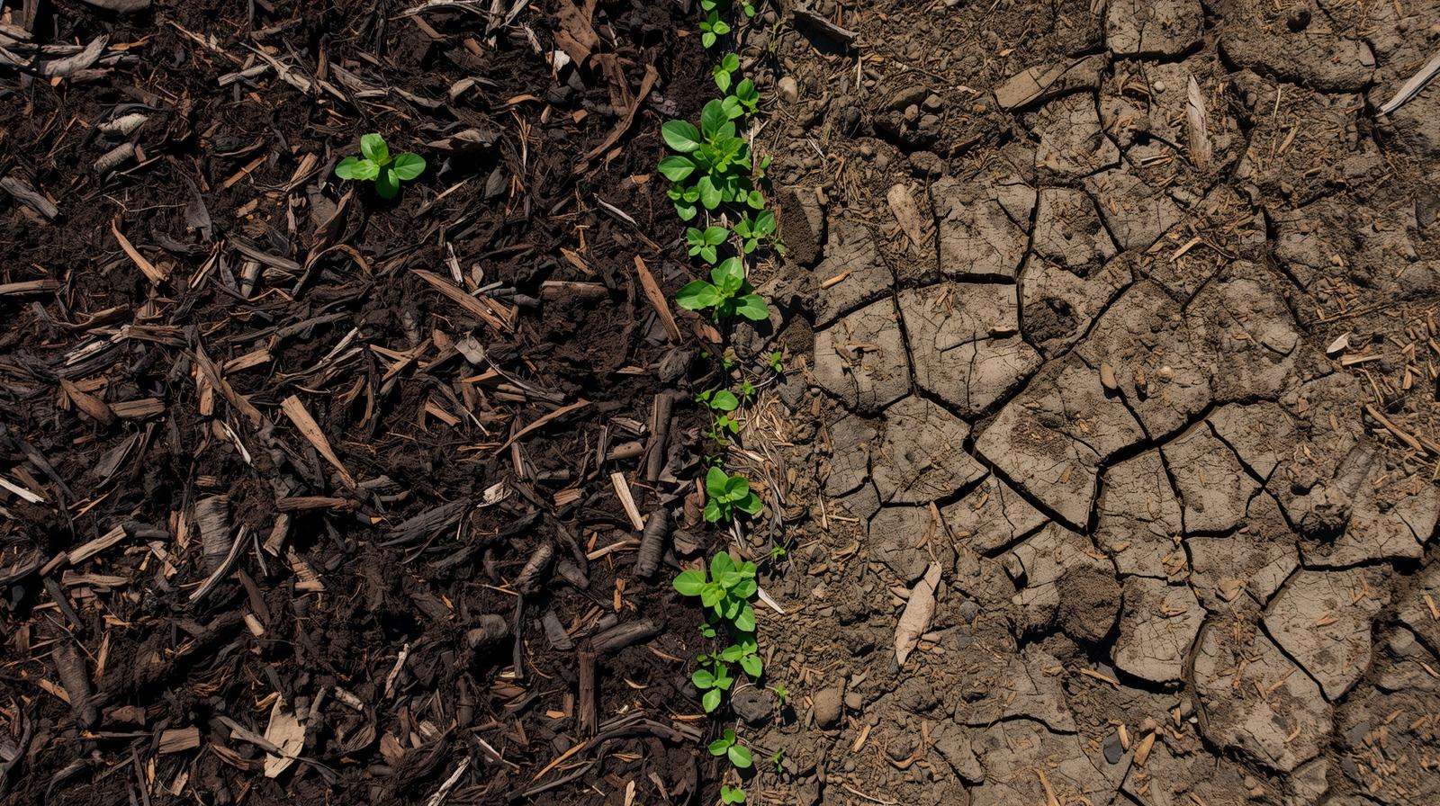 Comparison of triple shredded mulch-covered soil and bare dry soil in organic farming.
