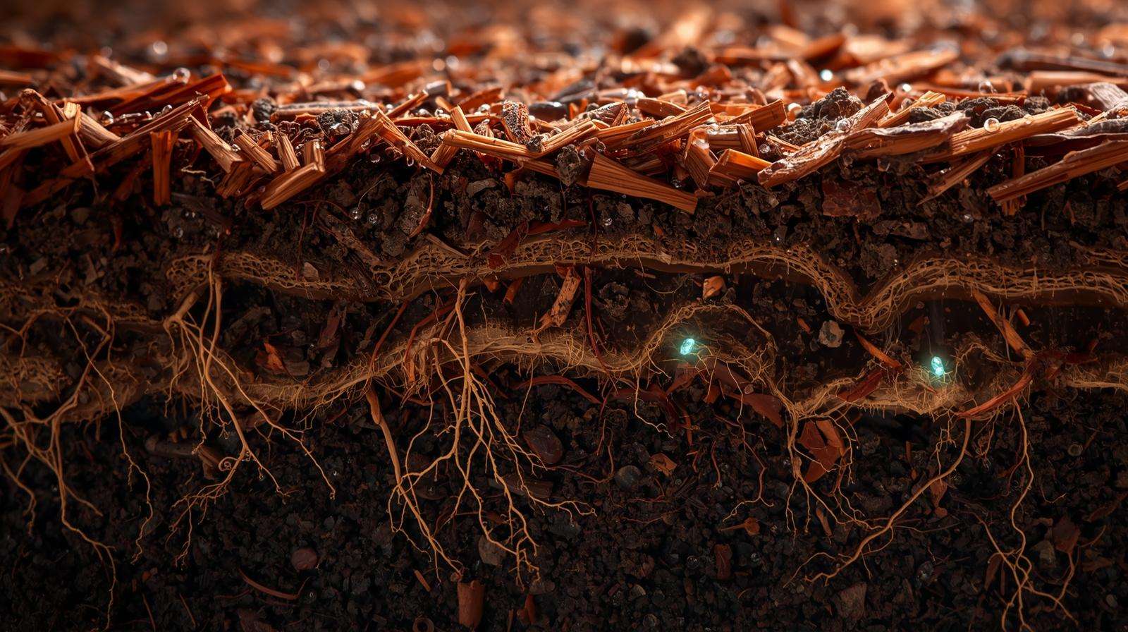 Cross-section of soil with cedar mulch showing moisture retention and microbial activity