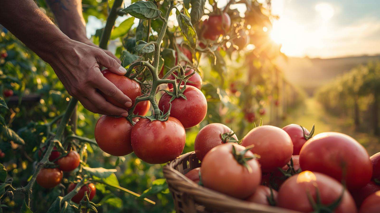 Farmer inspecting ‘Brandywine’ tomatoes in a summer garden, highlighting crop growing seasons for thriving food crop cultivation