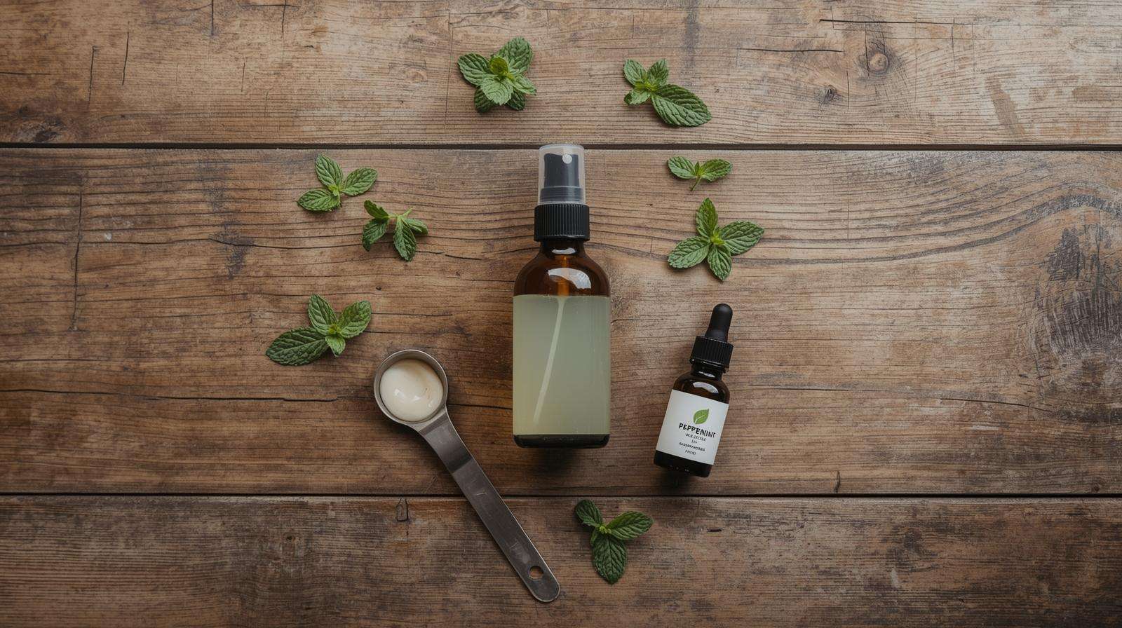 DIY peppermint spider repellent spray ingredients: essential oil, castile soap, fresh mint leaves