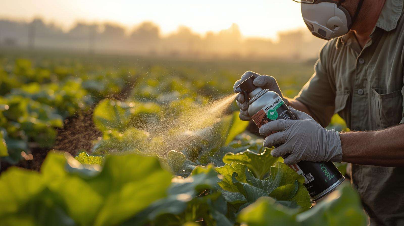 Farmer applying water repellent tent spray to cucumber leaf undersides in field