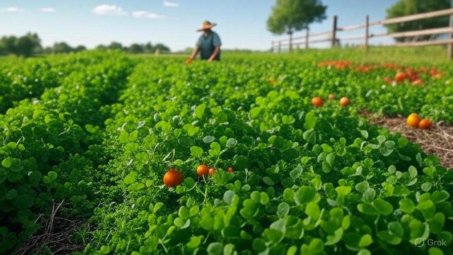 Vibrant field with clover cover crops as living mulch and vegetables, farmer working in the distance under a clear sky.
