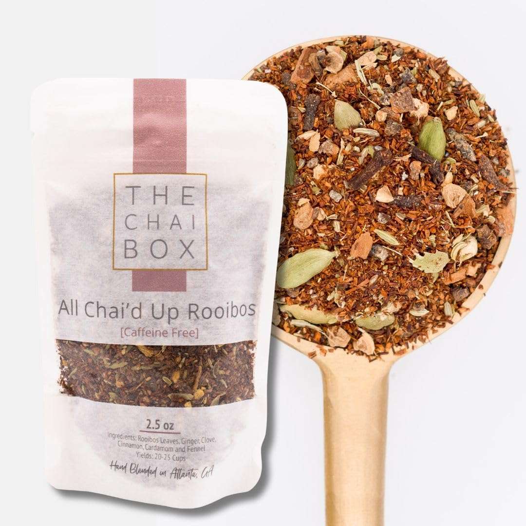 The Chai Box - All Chai'd Up Rooibos - Premium Traditional Chai Tea Decaffeinated - Caffeine Free Rooibos Leaves w/ginger, clove, cinnamon, cardamom, and fennel - 2.5oz