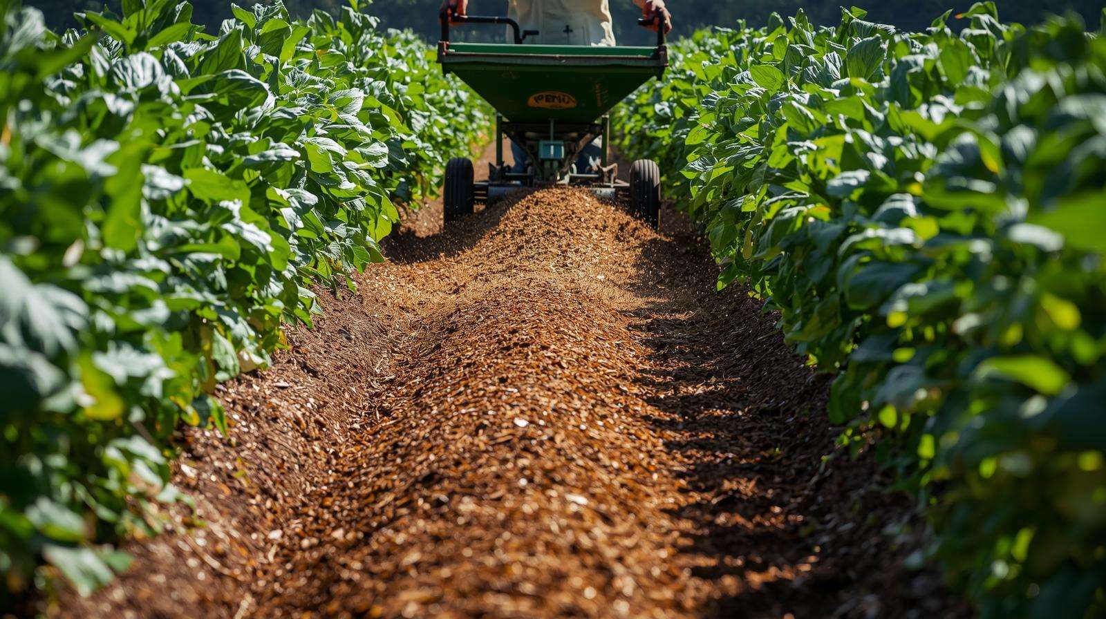 Farmer applying Penn Mulch to organic crops with a spreader.