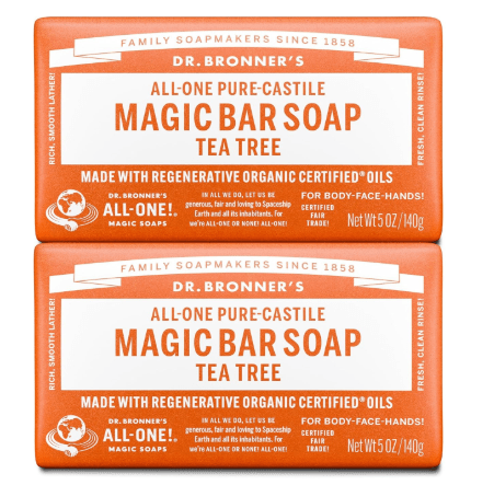 Dr. Bronner's Pure-Castile Magic Bar Soaps - Made with Regenerative Organic Certified Oils - For Face, Body, Hair- Vegan Soap Bars for Men & Women - Tea Tree, 2 pack, 5 oz