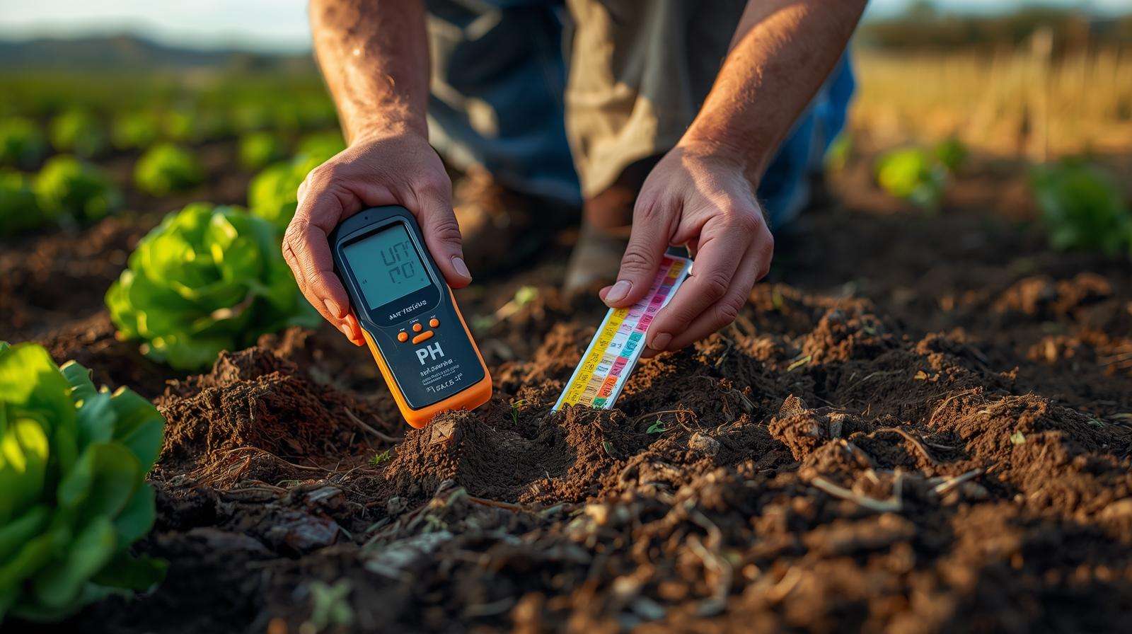 Farmer using a soil testing kit to profile soil in a field, checking pH and nutrients for optimal crop growth.