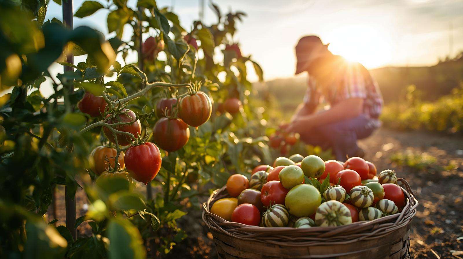 Farmer harvesting vibrant ‘Black Krim’ and ‘Green Zebra’ rainbow tomatoes in a summer garden, showcasing colorful tomato varieties for bountiful yields.