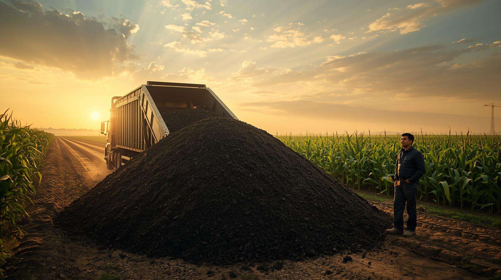 Delivery truck unloading topsoil for top soil delivery on a farm, ensuring timely supply for healthy crops.