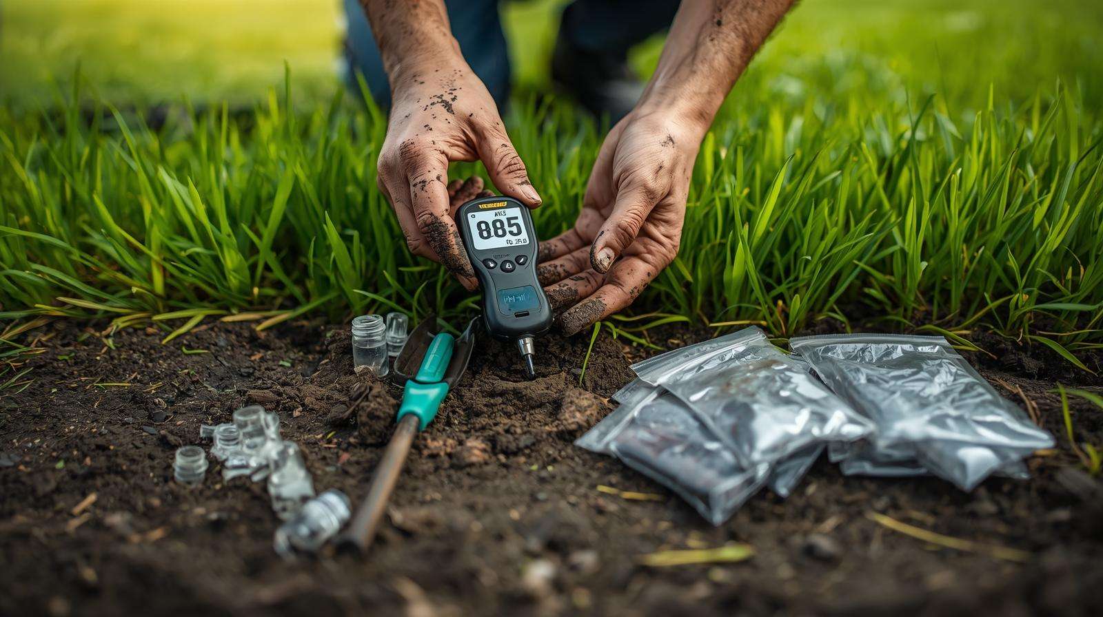 Gardener testing lawn soil with a pH meter to confirm if soil is too alkaline for grass, using a soil test kit.