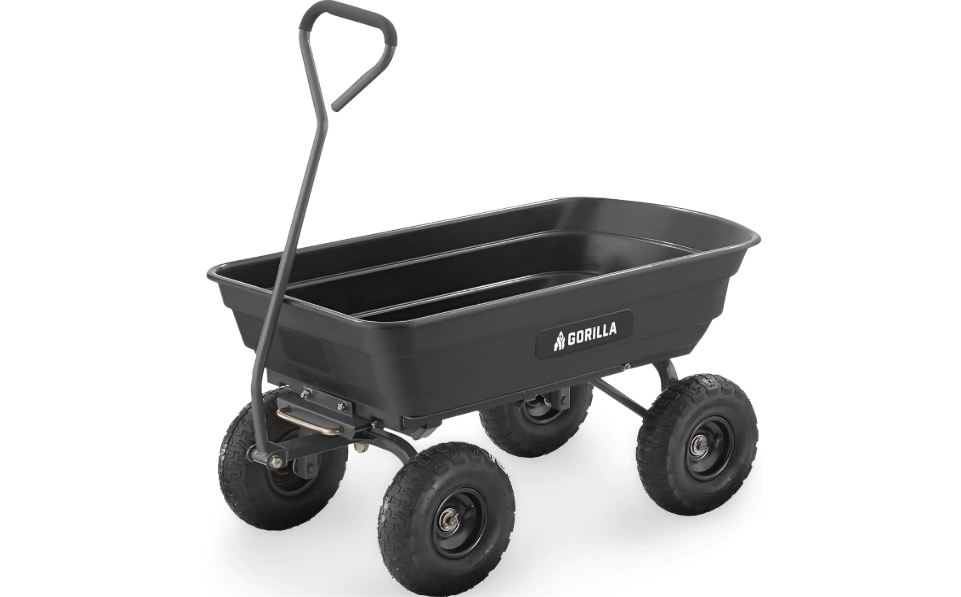 Gorilla Carts Poly Garden Dump Cart, 4 Cu Ft Tub, 600 lb Haul Capacity, Black – Heavy-Duty Utility Wagon with Quick-Release Dumping & Pneumatic Tires for Yard, Landscaping and Gardening
