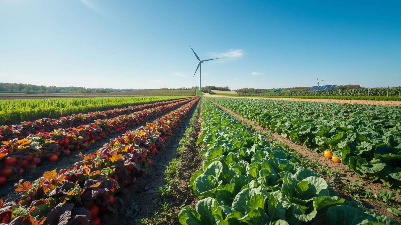 Sustainable farm landscape with vibrant crops and eco-friendly practices, illustrating the impact of organic resistant tapioca dextrin on green agriculture.