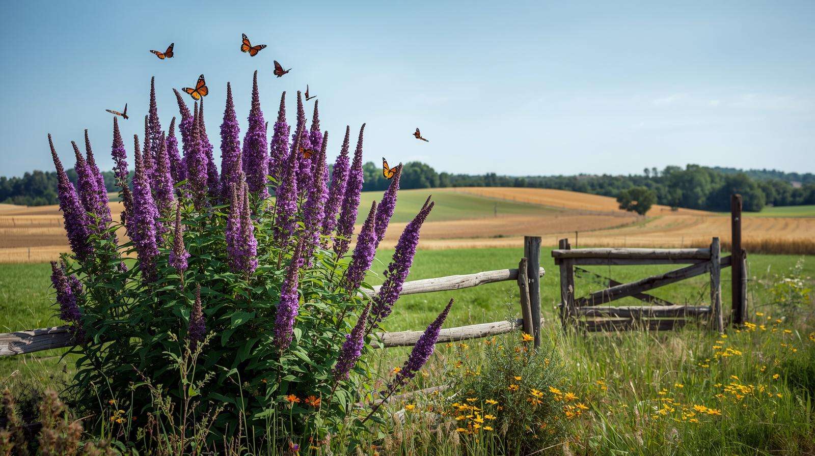 A Black Knight butterfly bush with purple blooms lines a farm border, attracting butterflies in a scenic agricultural landscape.