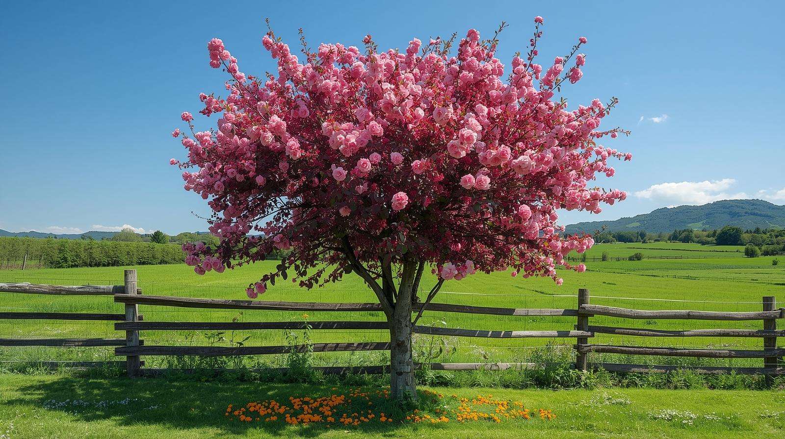 A Bonfire flowering peach variety with pink blossoms and red foliage enhances a farm border with marigolds and green fields.