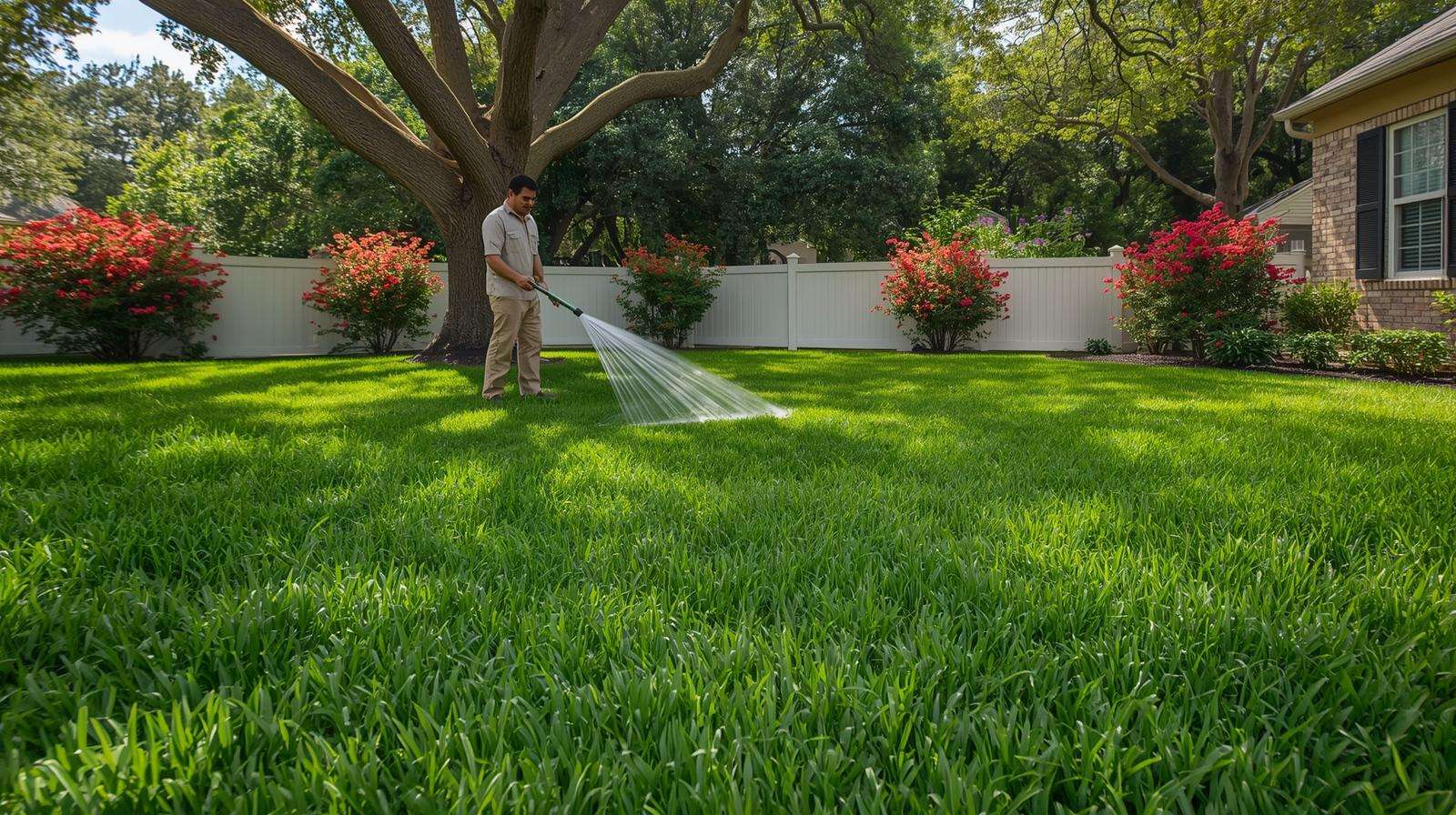 A homeowner waters a St. Augustinegrass lawn, showcasing Florida grass varieties in a shady suburban yard with firebush and a picket fence.