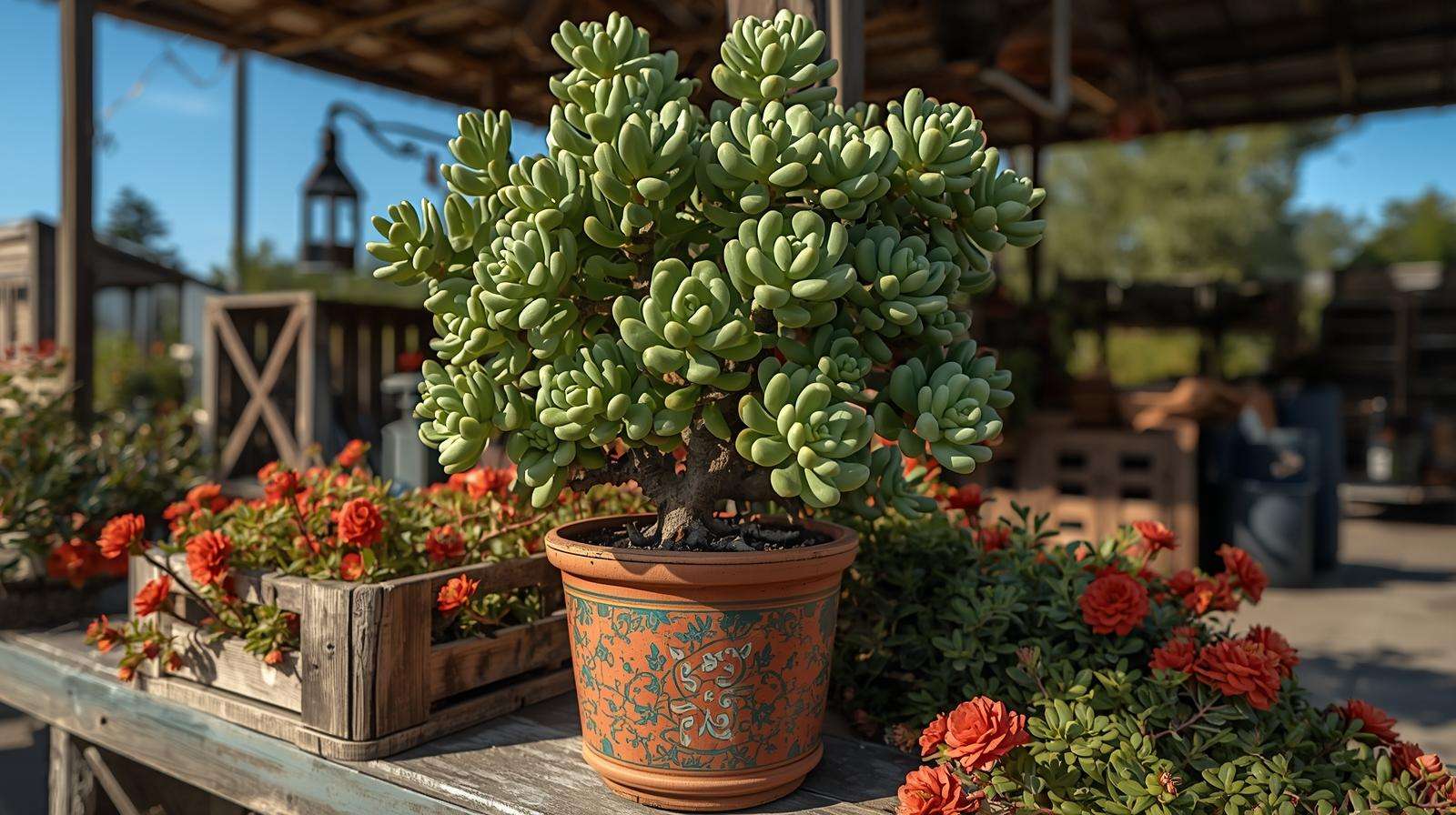 A Crassula ovata ‘Hobbit’ pot, a classic jade tree variety, enhances a farm stand with blanketflowers and rustic crates.