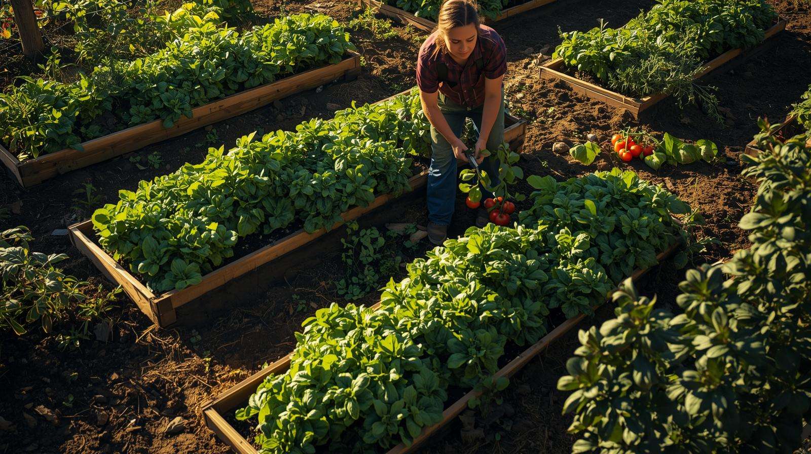 Well-organized horticultural vegetable garden with raised beds and pruning.