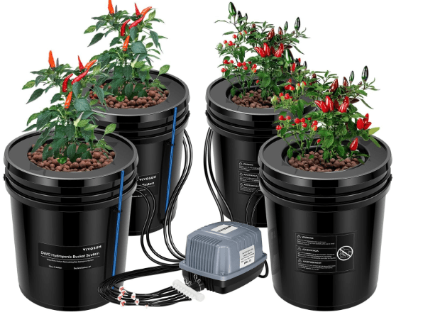 VIVOSUN DWC Hydroponics Grow System with Top Drip Kit, 5-Gallon Deep Water Culture, Recirculating Drip Garden System with Multi-Purpose Air Hose, Air Pump, and Air Stone (4 Buckets + Top Drip Kit)