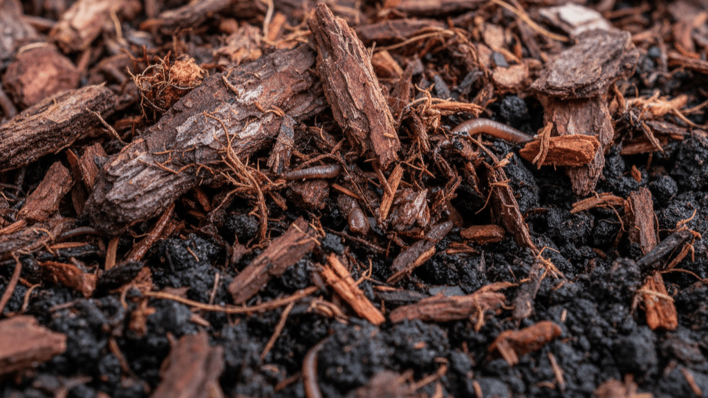 Close-up of hemlock mulch texture enhancing soil structure in organic farming.