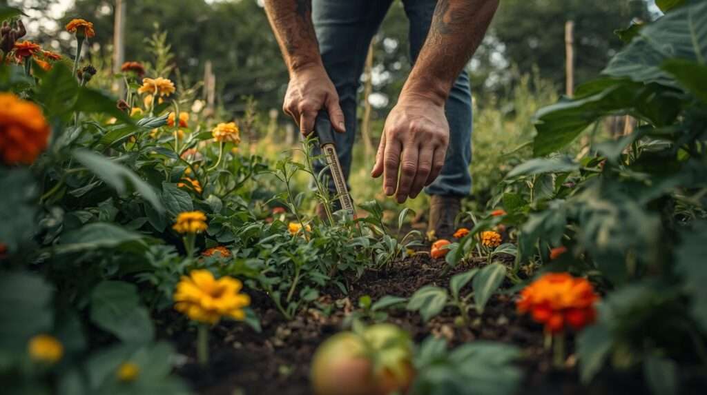 Gardener using a hand weeder in a permaculture garden with colorful flowers and vegetables.