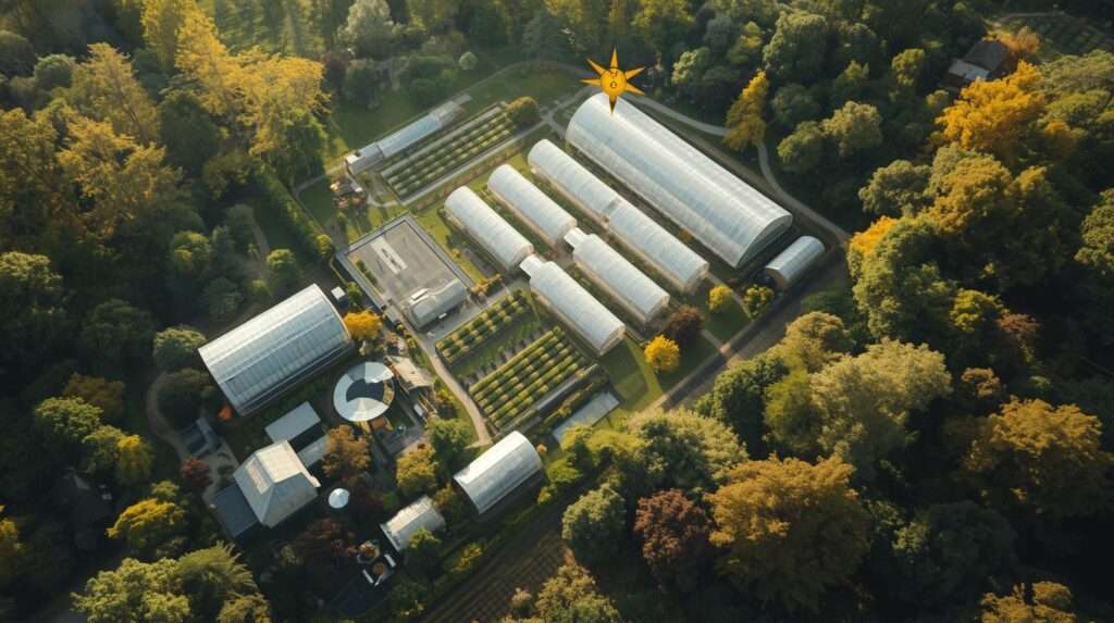 Aerial view of permaculture greenhouse site with sunlight analysis and natural landscape.